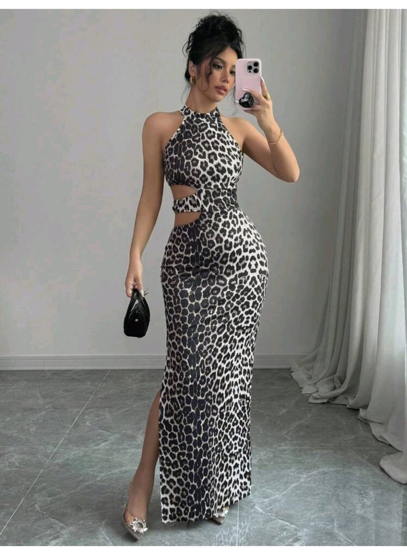 SHEIN Women Elegant Leopard Print Hollow Out Waist Dress Maxi Women Outfit - Image 2